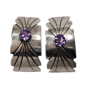 Vintage Sterling Silver Amethyst Hoop Earrings